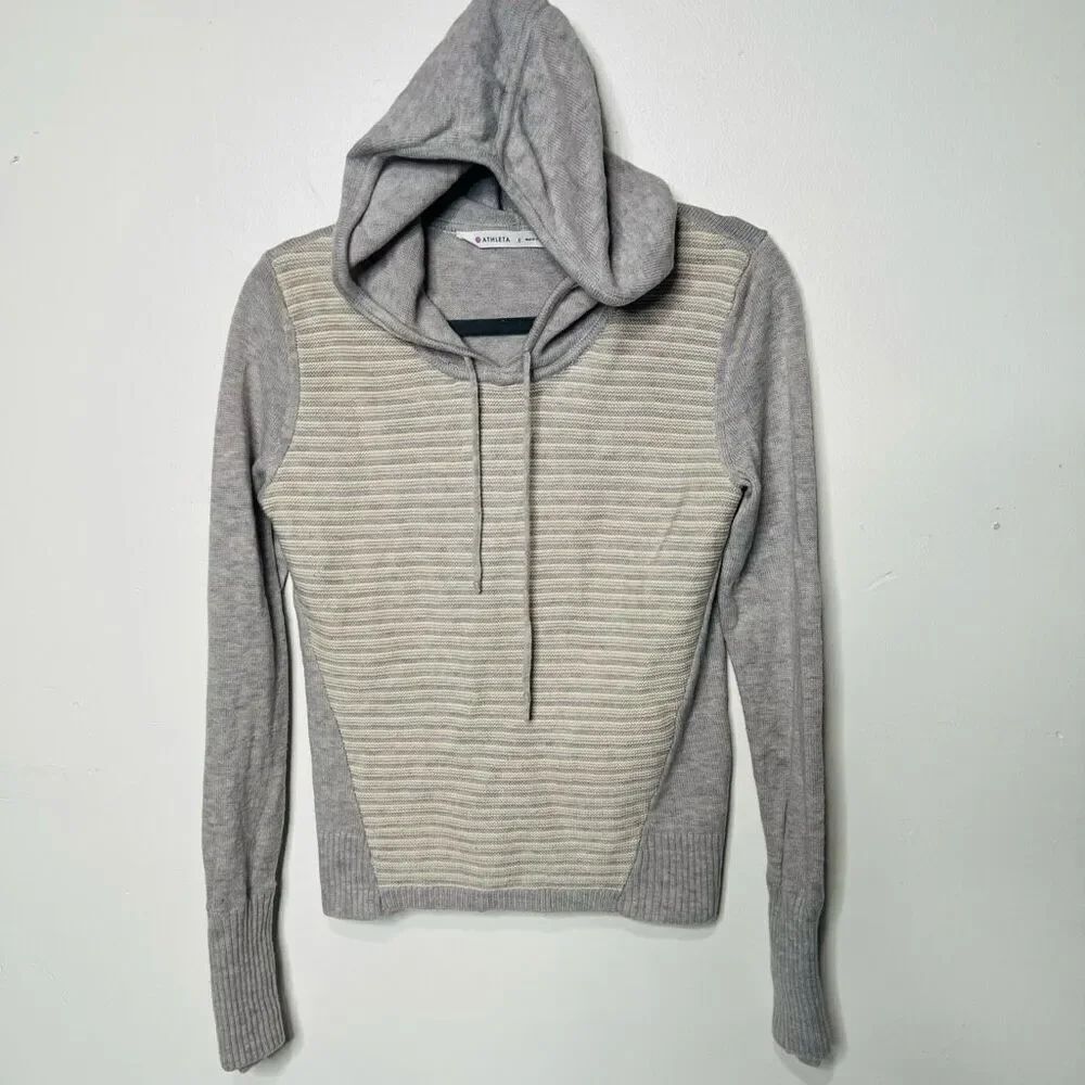 Athleta 100% Merino Extra Fine Wool Gray Cream Stripe Sweater Hooded Sz S